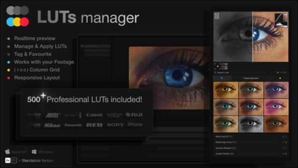 LUTs Manager - Preview LUTs In Real-time Tool & 500 Professional LUTs — Bộ sưu tập 500 LUTs và Công cụ tối ưu cho bảng màu của mọi biên tập viên (cube,...) S107C34